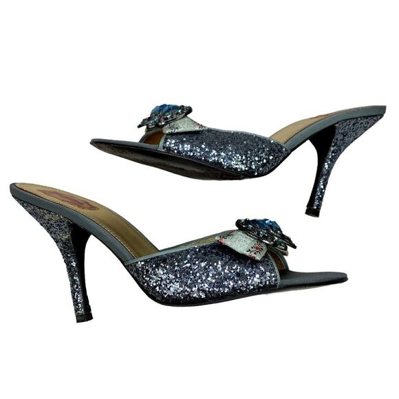 Hale Bob Bo Blue Glitter Heels Rhinestones Jewels Bows 8.5 Slides Mules - Picture 4 of 11